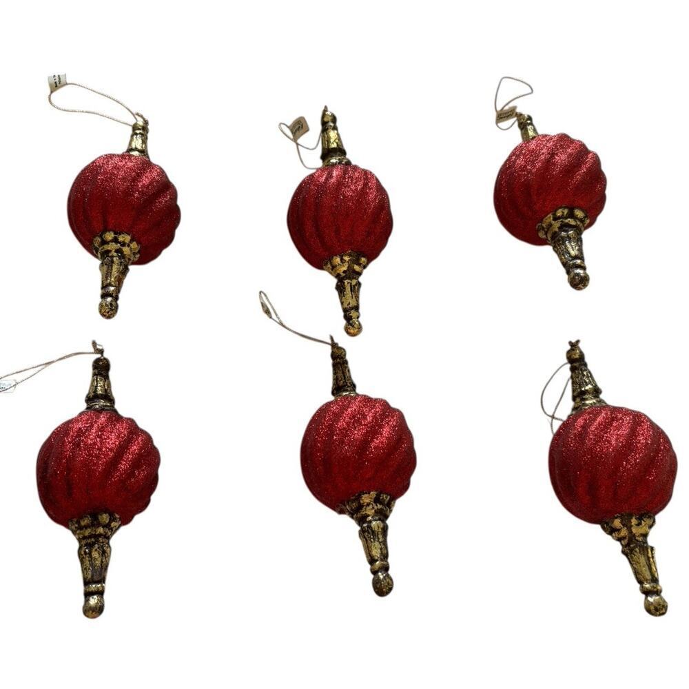 6 Katherine's Christmas Collection Red Glitter Swirl Ornaments W Gold Tips Base